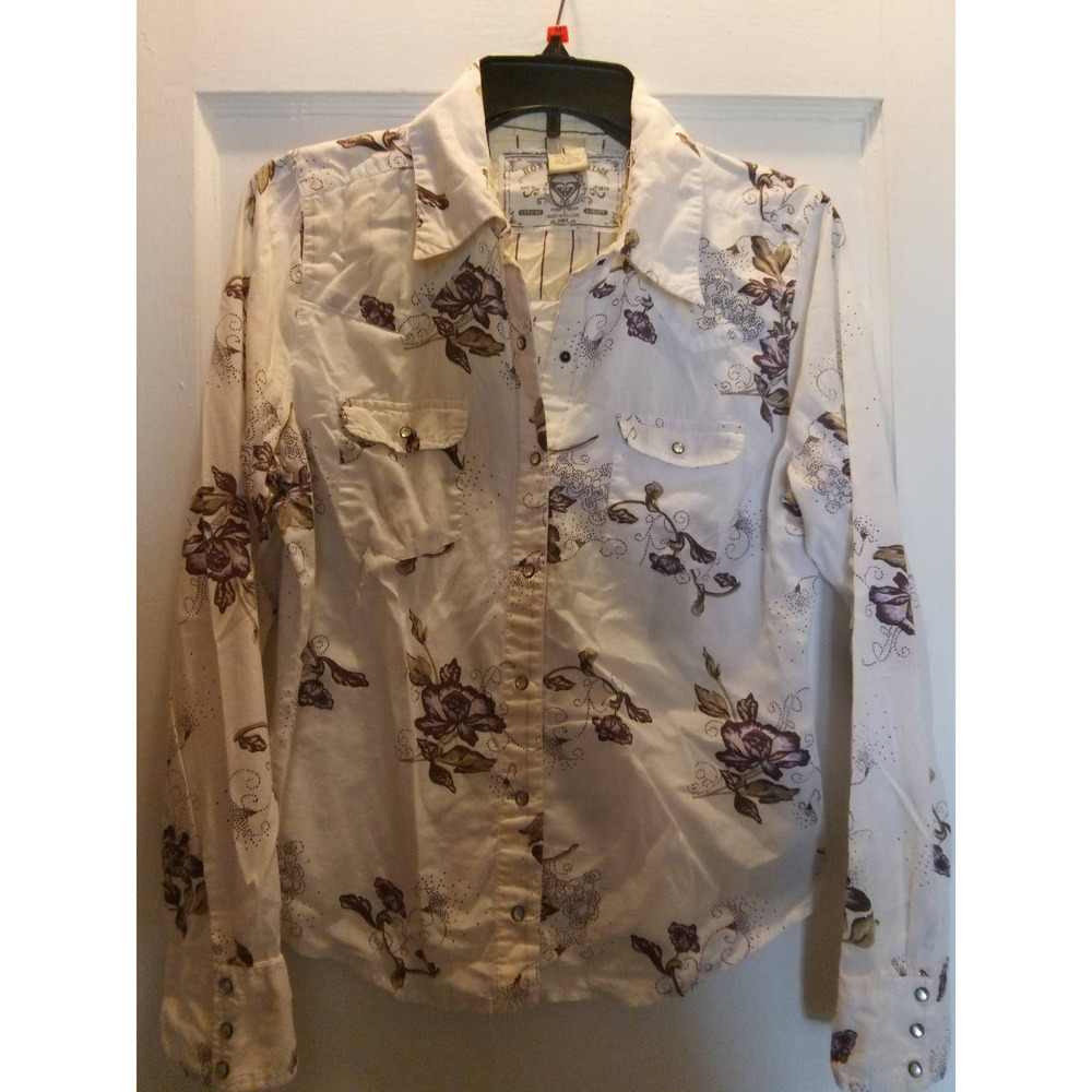 Roxy Vintage Style Snap Down Floral Long Sleeve Shirt, Size L